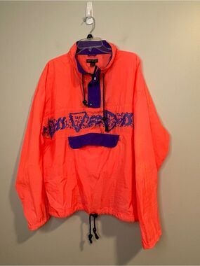 VINTAGE Hot Zone Neon Coral Pullover Windbreaker with Purple Accents XL